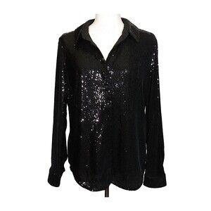 Current Air Los Angeles Women's Black Sequined Long Sleeve Button Up Shirt Sz S